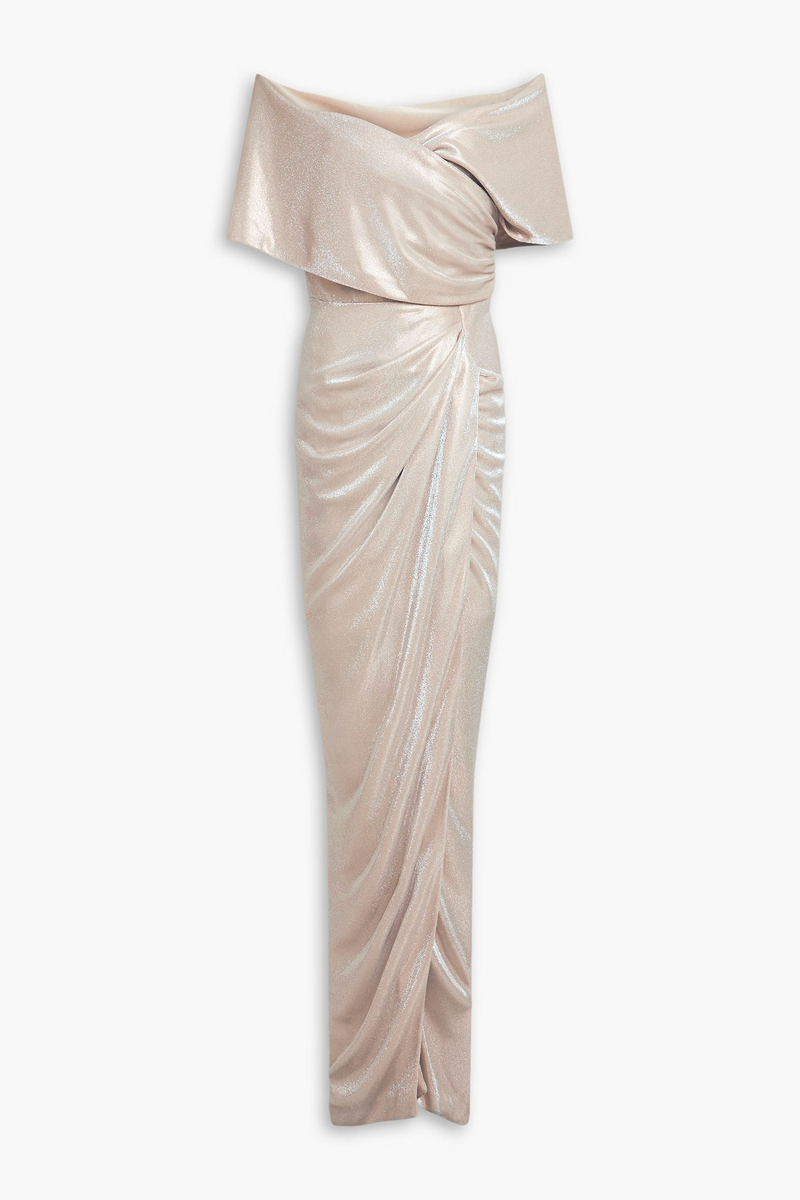 rhea costa - off-the-shoulder wrap-effect metallic jersey gown - neutral - it 42