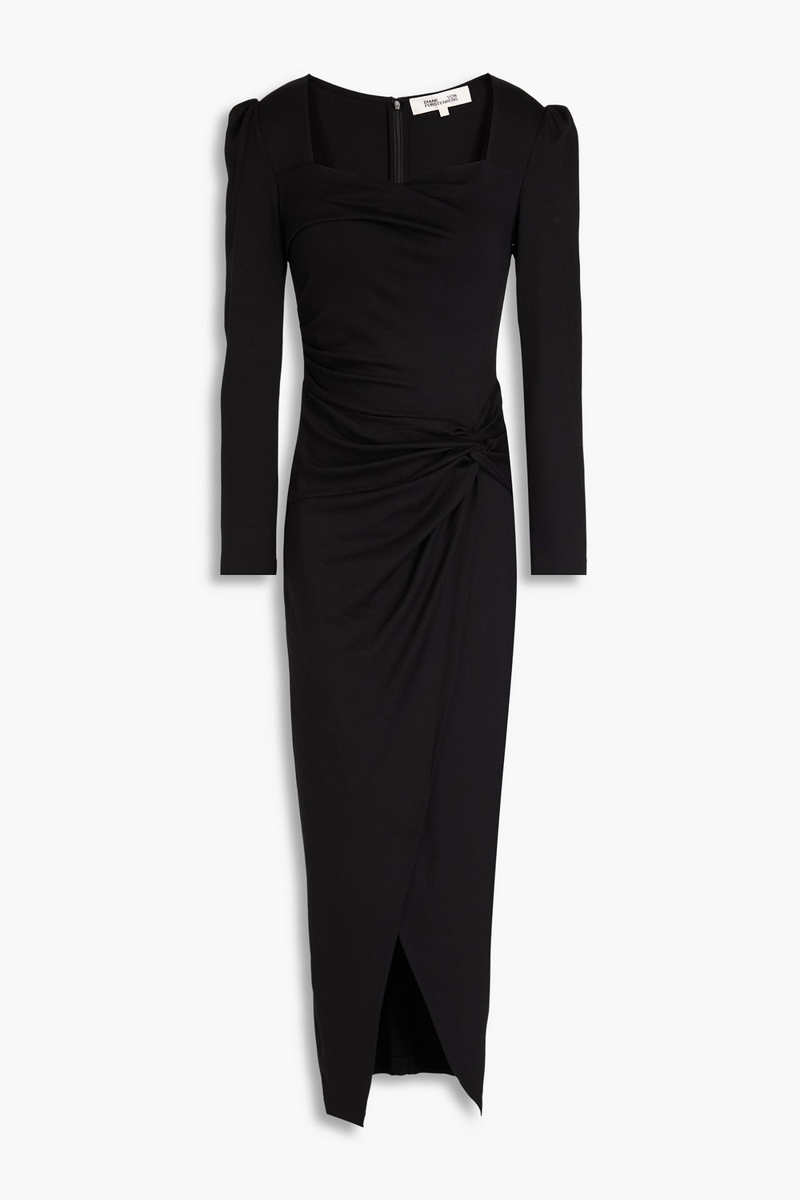 diane von furstenberg - hughie draped jersey midi dress - black - xxs
