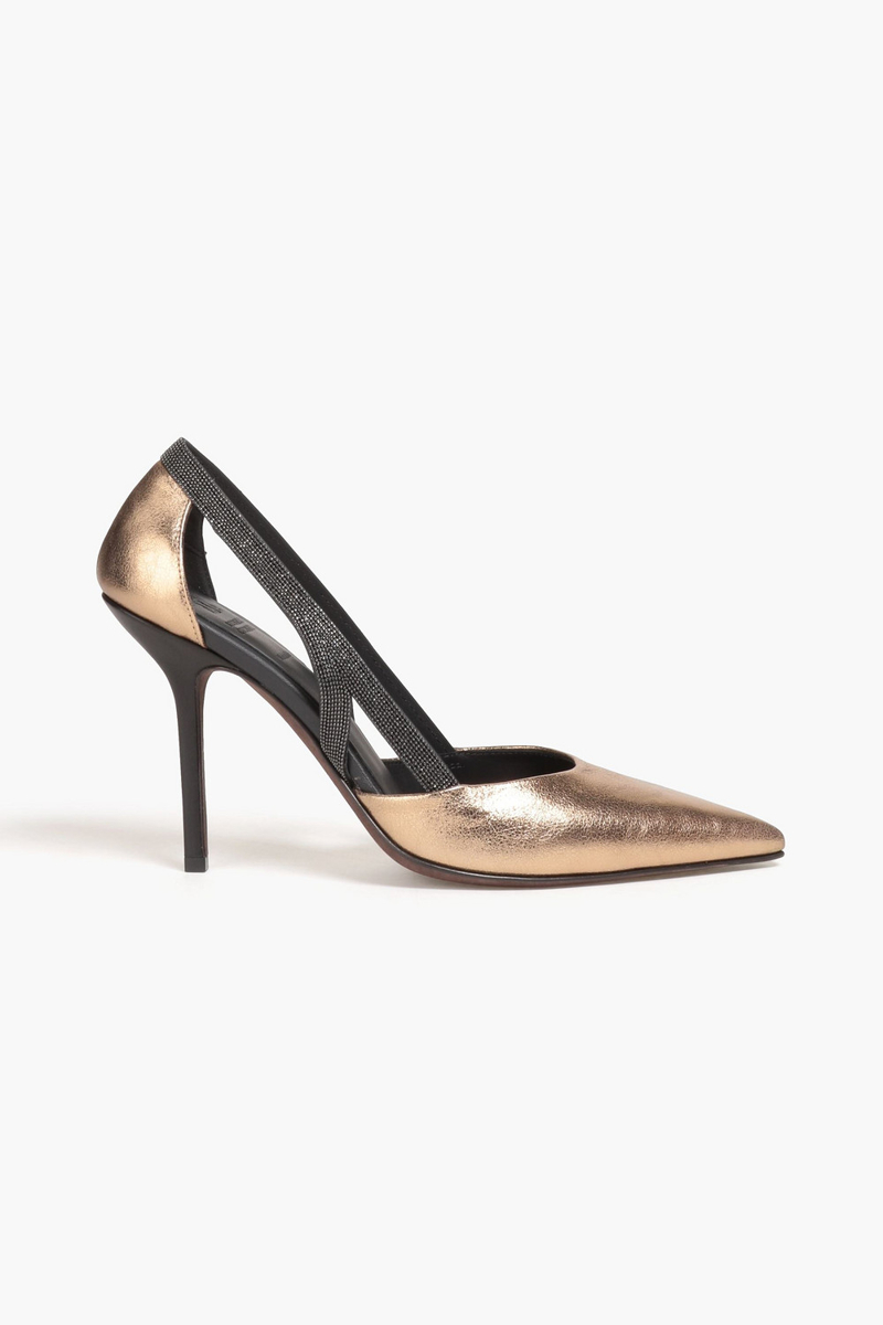 Brunello Cucinelli - Bead-embellished mirrored-leather pumps - Metallic - EU 34.5