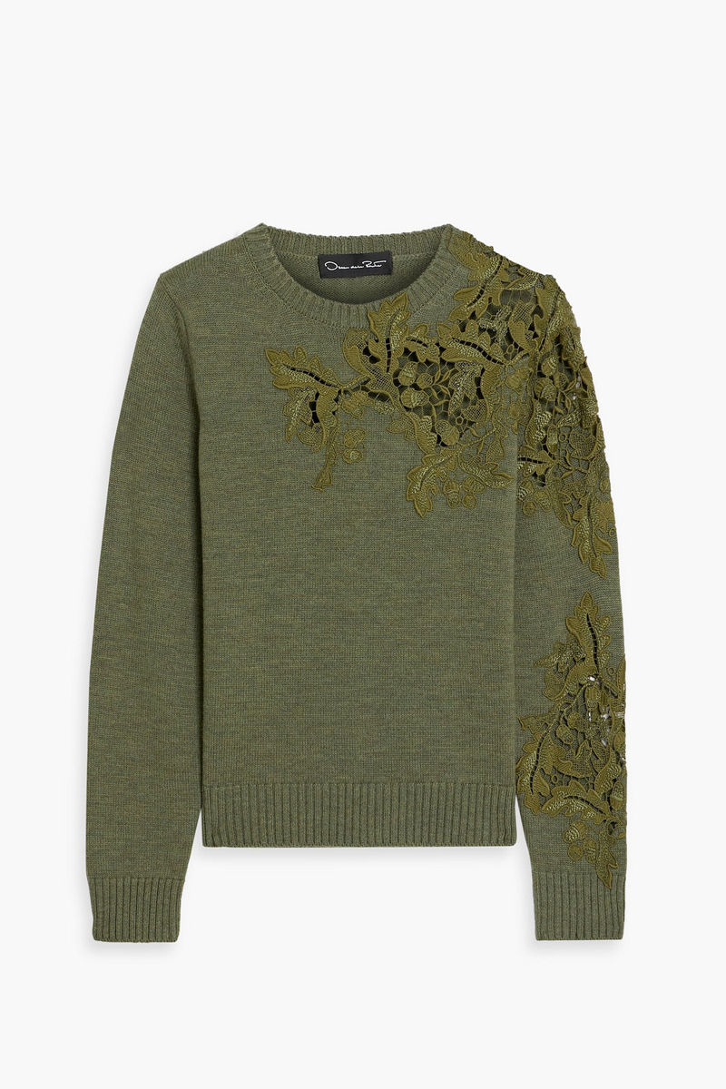 oscar de la renta - guipure lace-paneled wool sweater - green - xs
