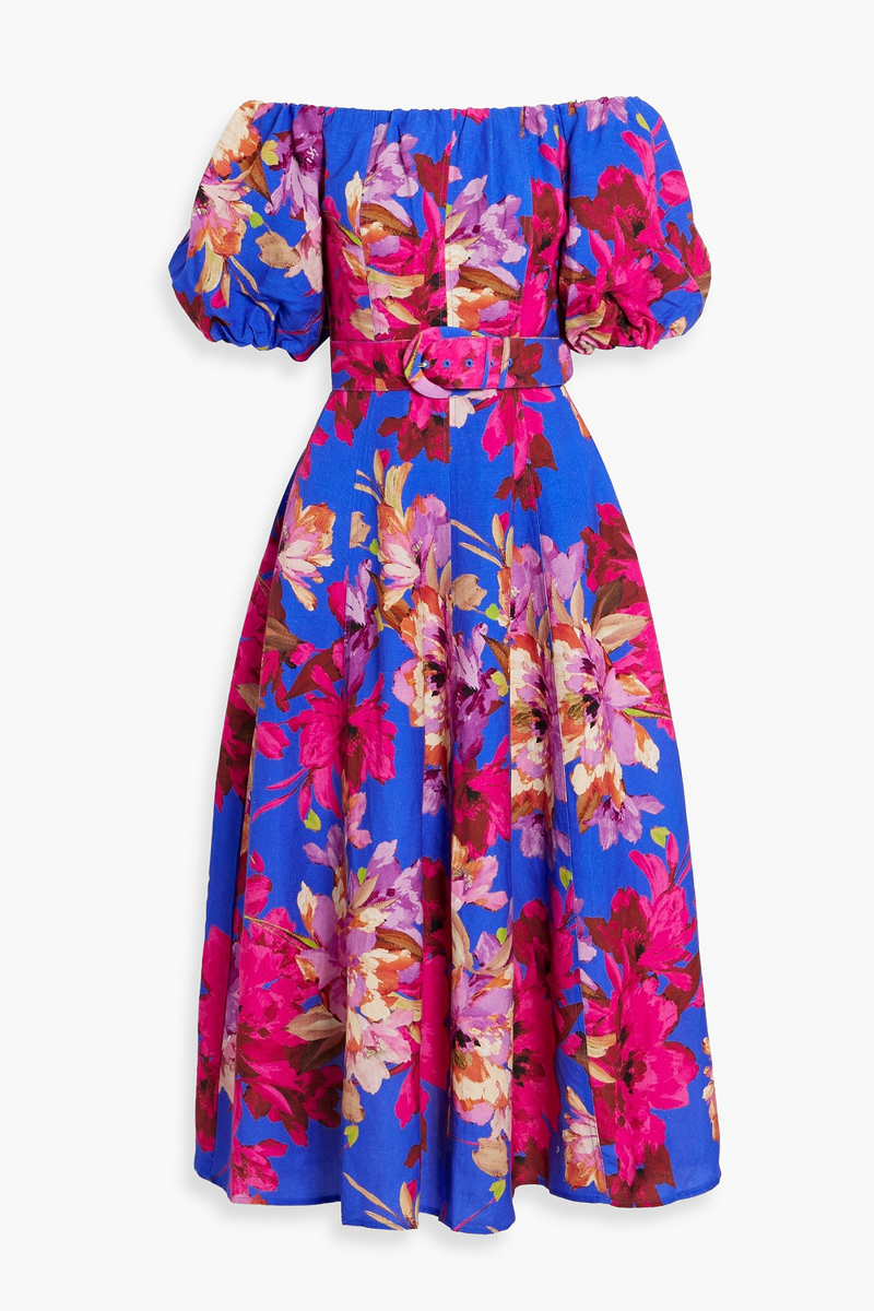 nicholas - off-the-shoulder floral-print linen-blend midi dress - blue - us 2