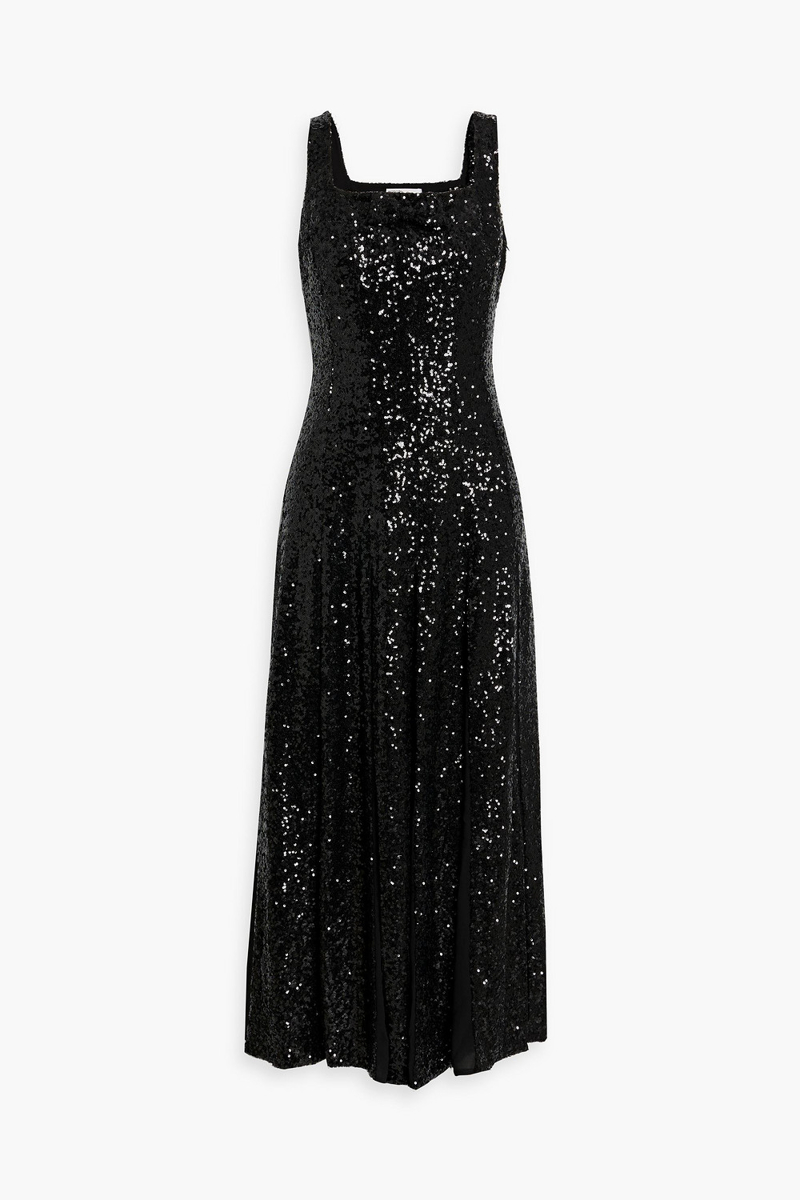 hvn - sequined chiffon-paneled tulle midi dress - black - us 0