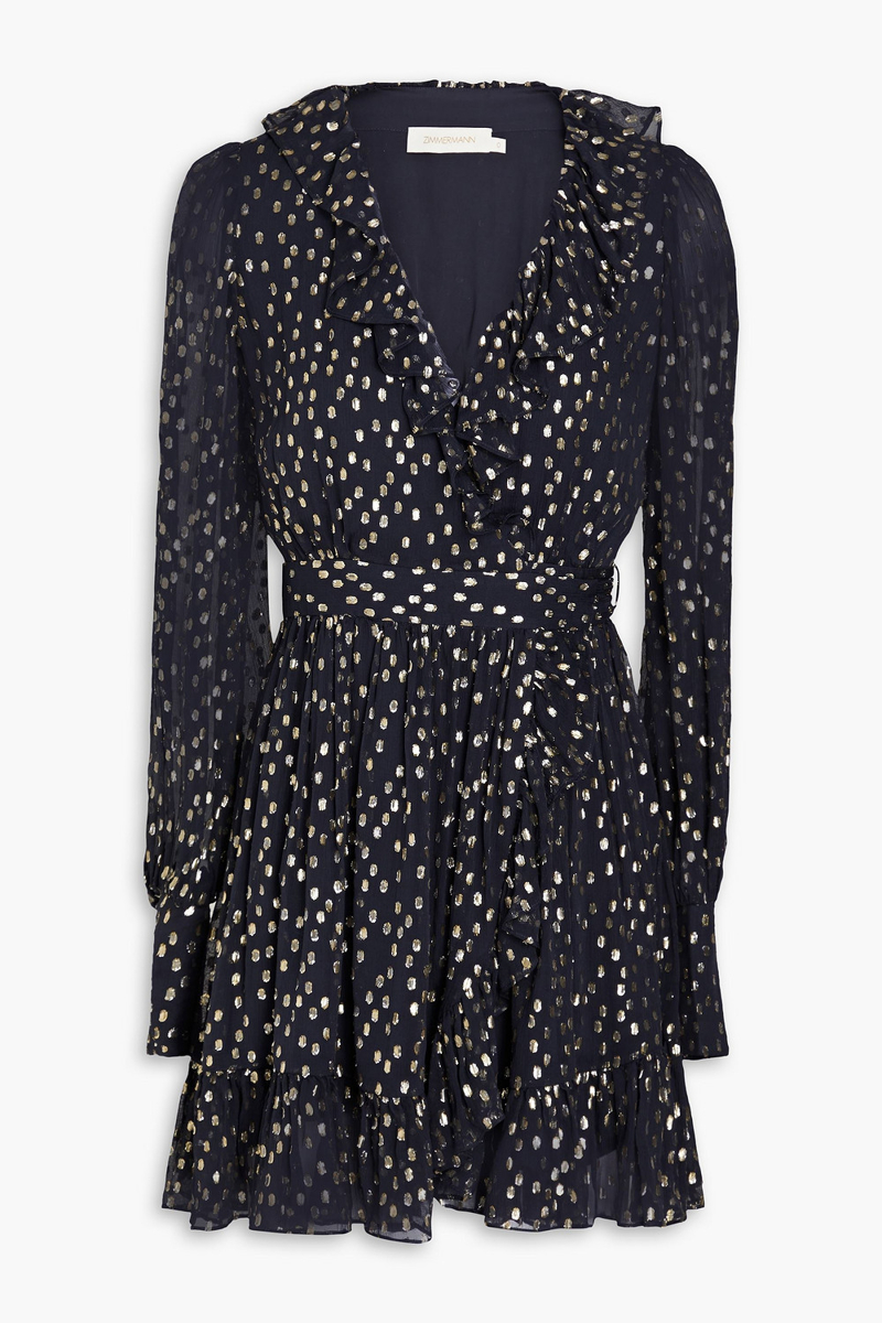 Zimmermann - Ruffled metallic fil coupé silk-blend crepon mini wrap dress - Blue - 0
