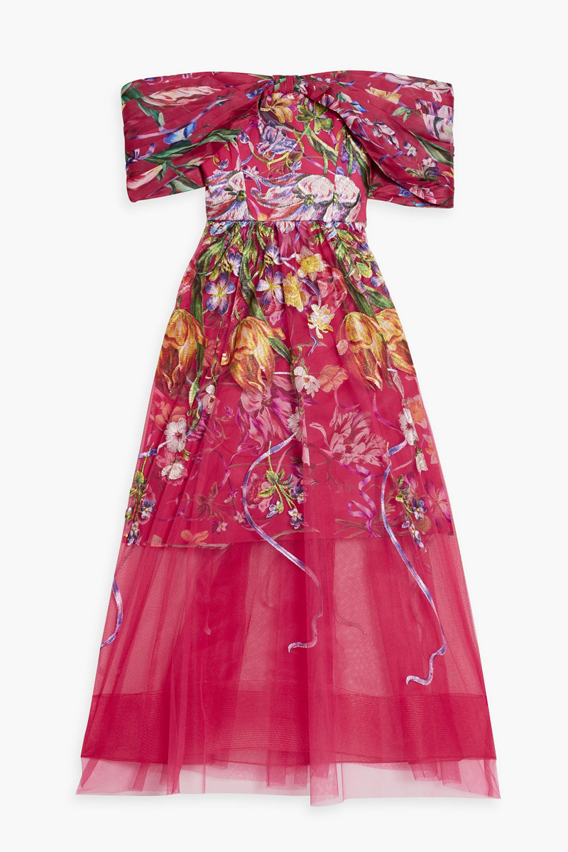 marchesa notte - off-the-shoulder embroidered charmeuse and tulle midi dress - pink - us 2