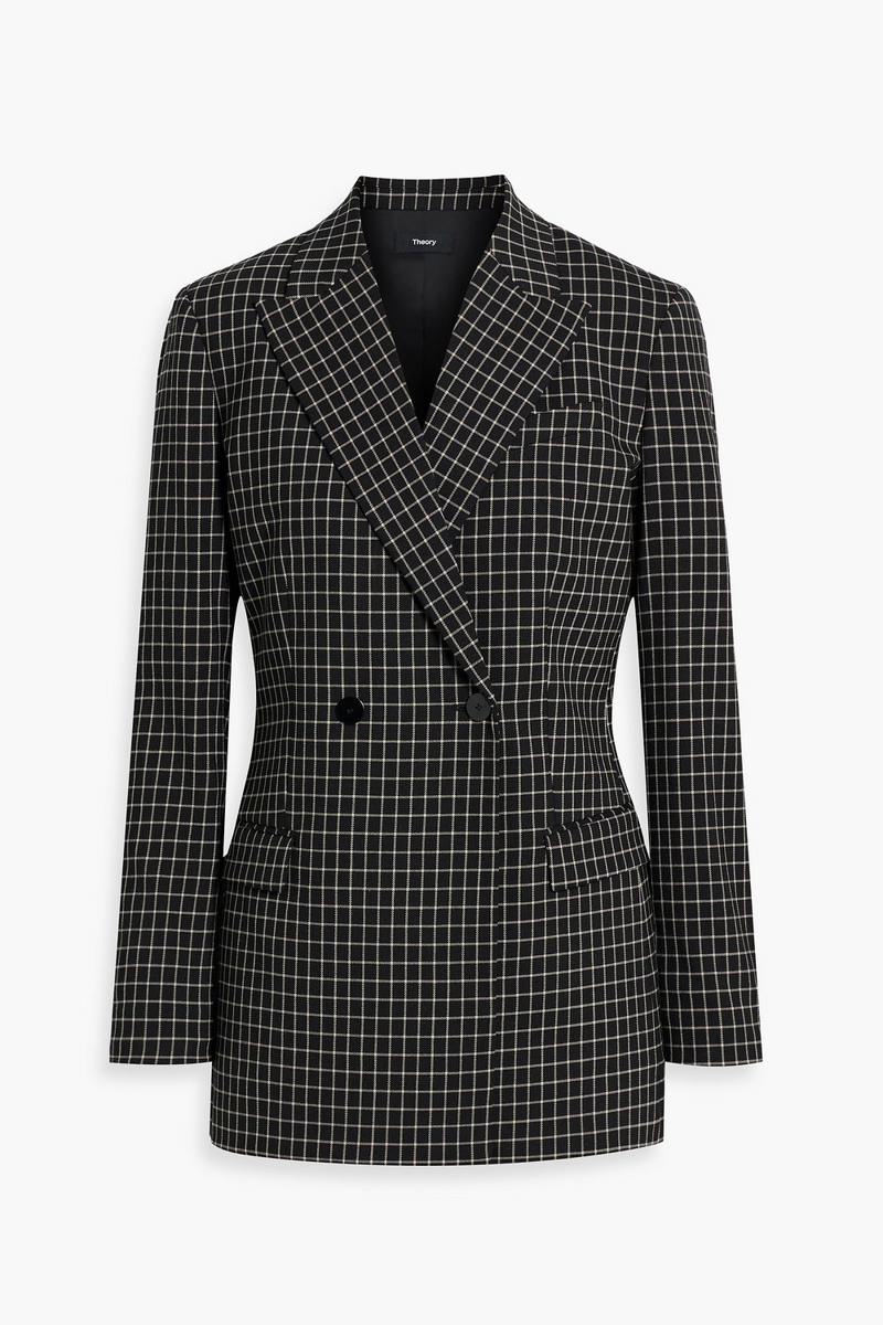 theory - taylor double-breasted checked twill blazer - black - us 0