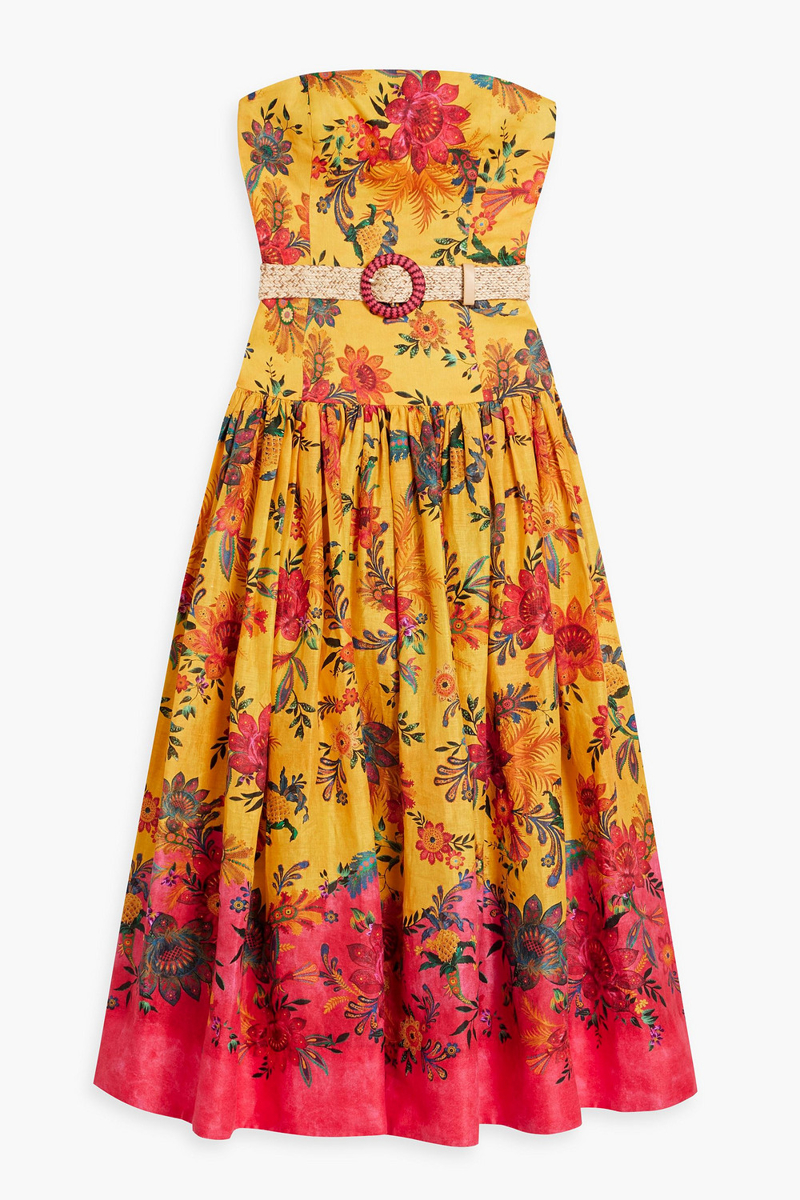 zimmermann - strapless belted floral-print linen midi dress - yellow - 3