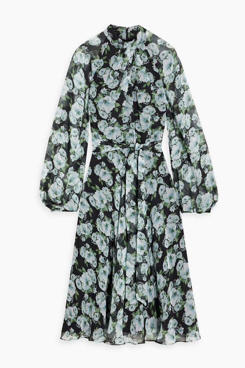 mikael aghal - pleated floral-print chiffon midi dress - black - us 4