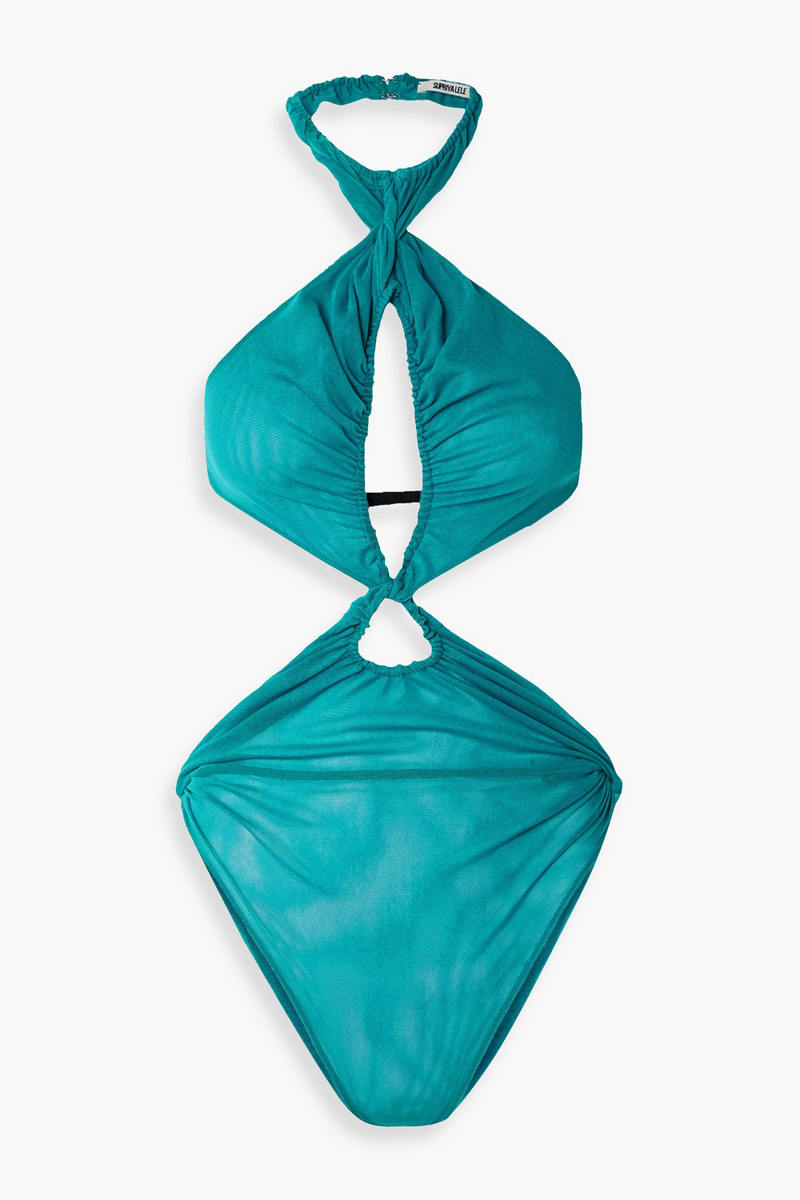 Supriya Lele - Cutout ruched mesh halterneck bodysuit - Blue - S
