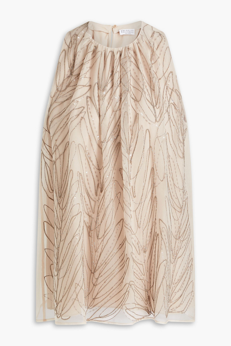 Brunello Cucinelli - Gathered embellished silk-organza top - Neutral - XL