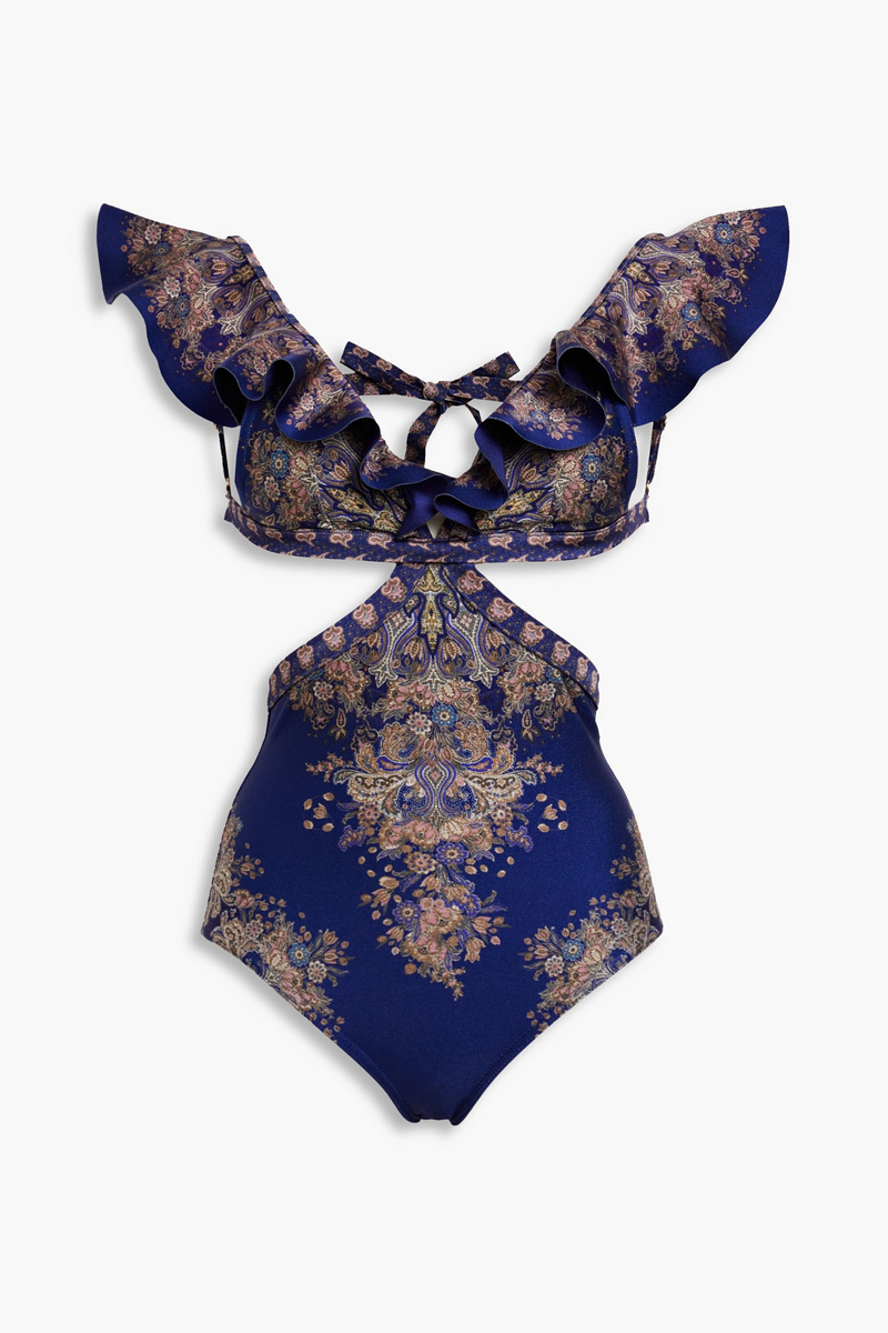 Zimmermann - Cutout ruffled paisley-print swimsuit - Blue - 3