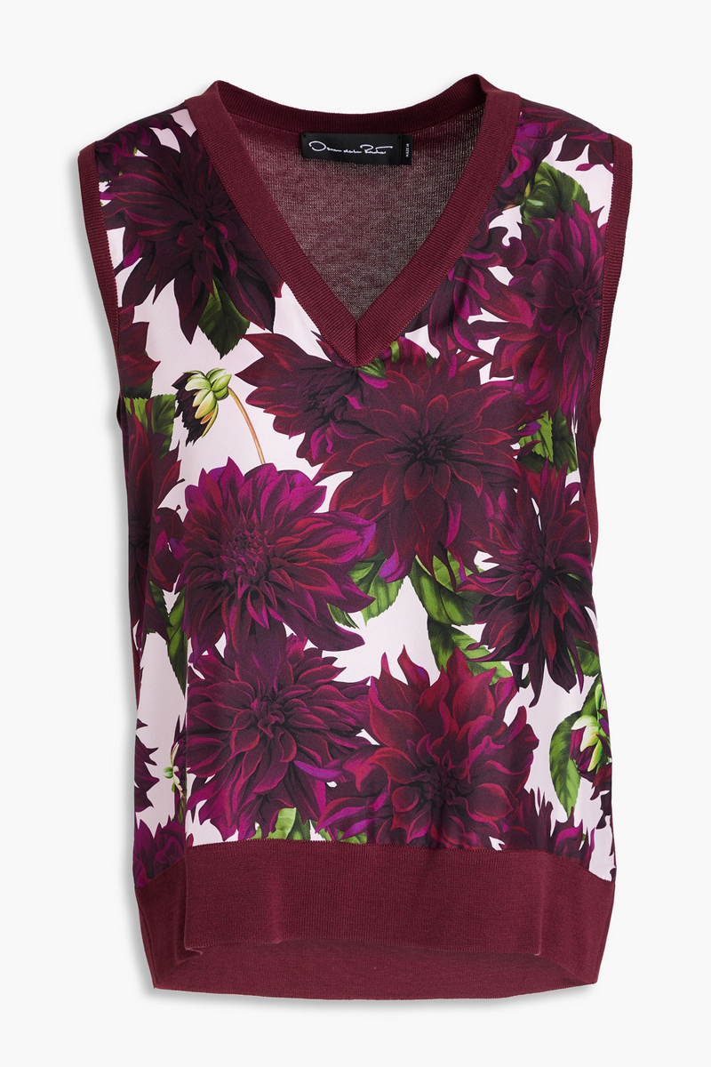 oscar de la renta - floral-print twill-paneled silk-blend vest - burgundy - l