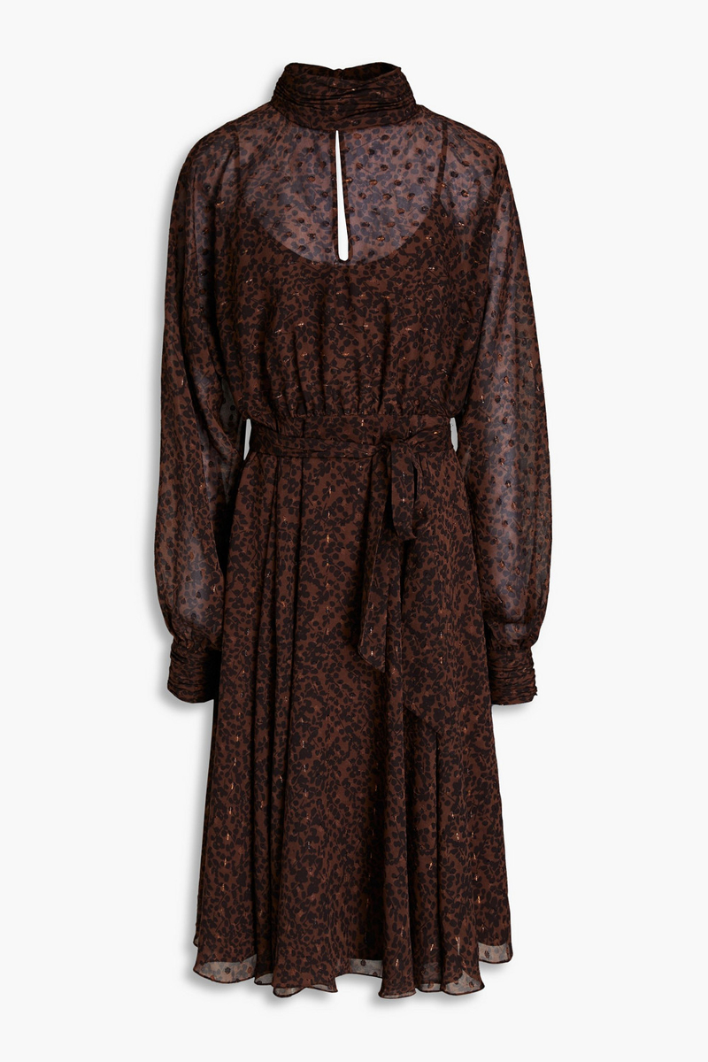 Mikael Aghal - Gathered printed metallic fil coupé chiffon midi dress - Brown - US 16