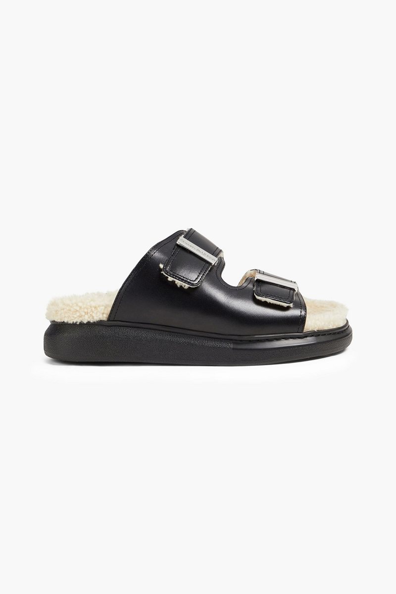 McQueen - Shearling-lined buckled leather platform sandals - Black - EU 40