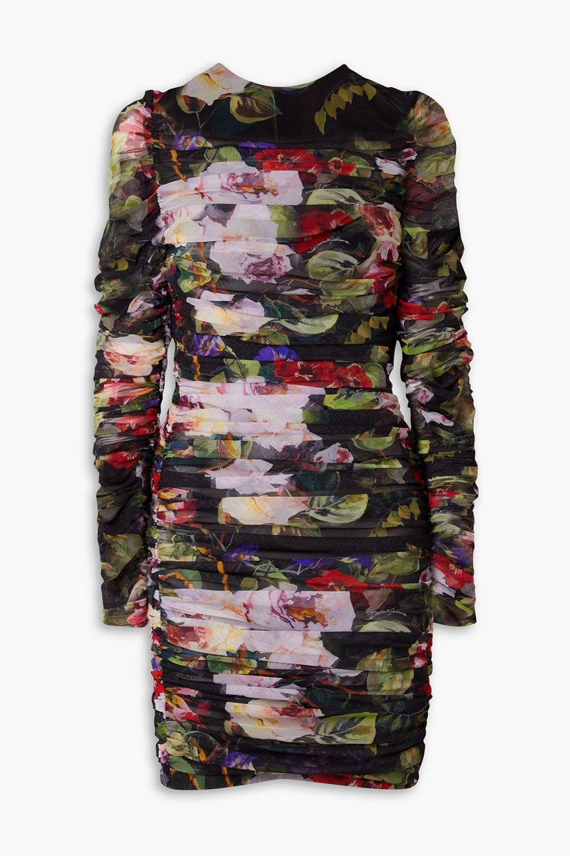 dolce&gabbana - ruched floral-print stretch-tulle mini dress - black - it 38
