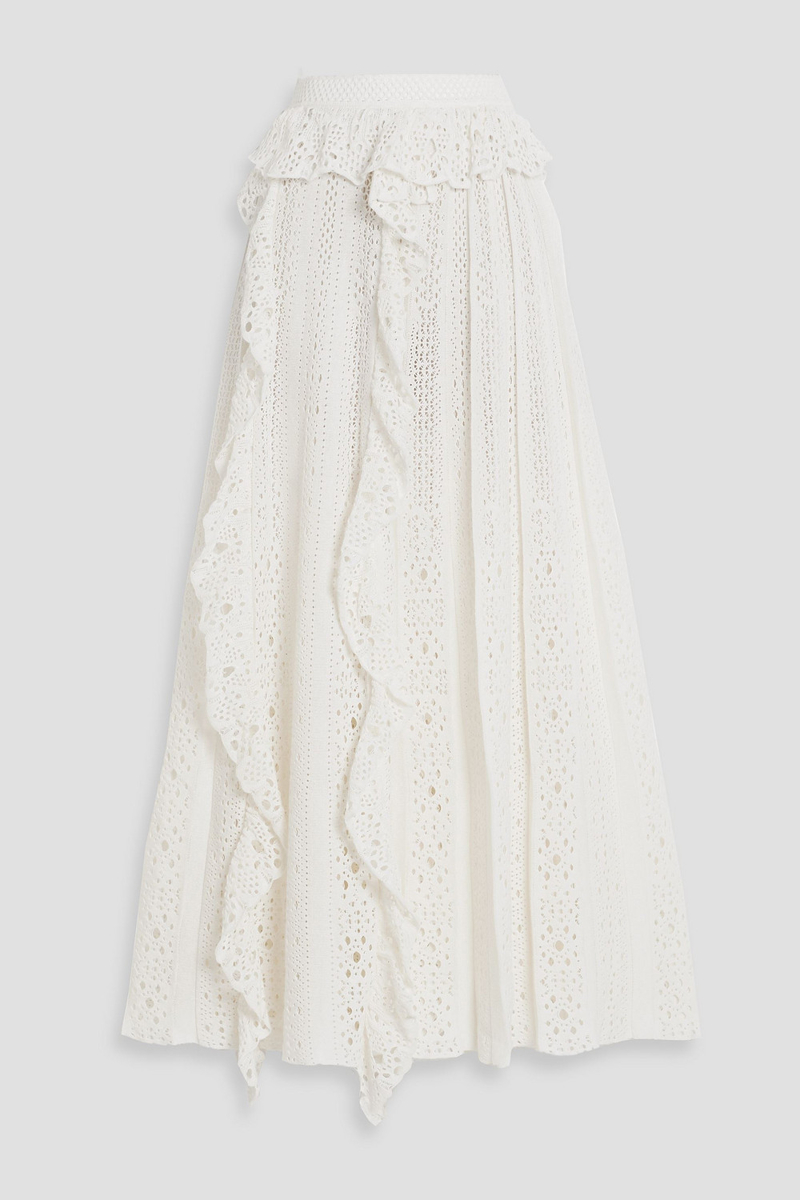 chloé - ruffled broderie anglaise linen, cashmere and silk-blend maxi skirt - white - m