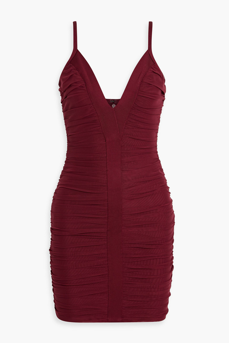 hervé léger - andrea ruched mesh mini dress - burgundy - xxs