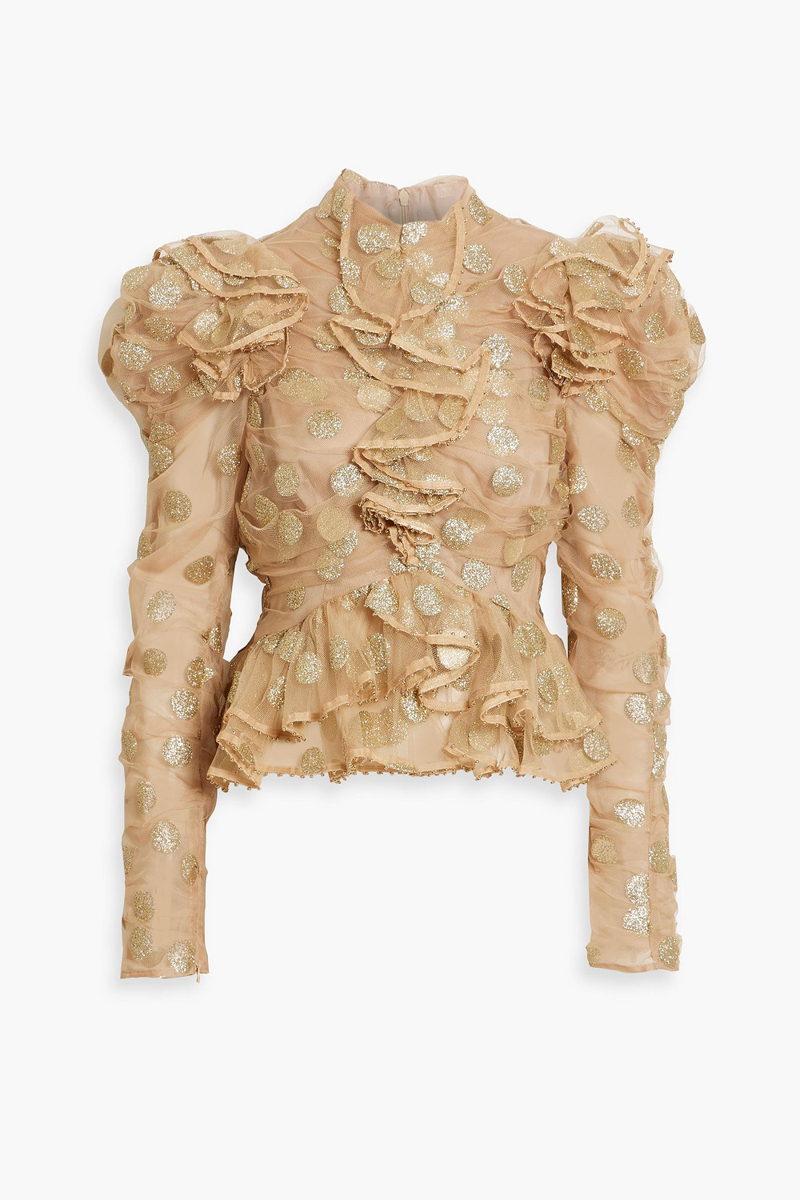 Zimmermann - Ruffled glittered polka-dot tulle blouse - Neutral - 0