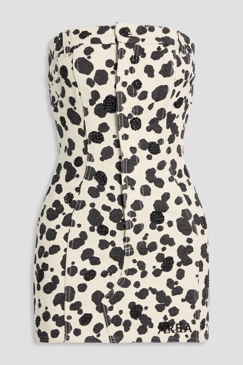 area - strapless printed embellished denim mini dress - white - us 4