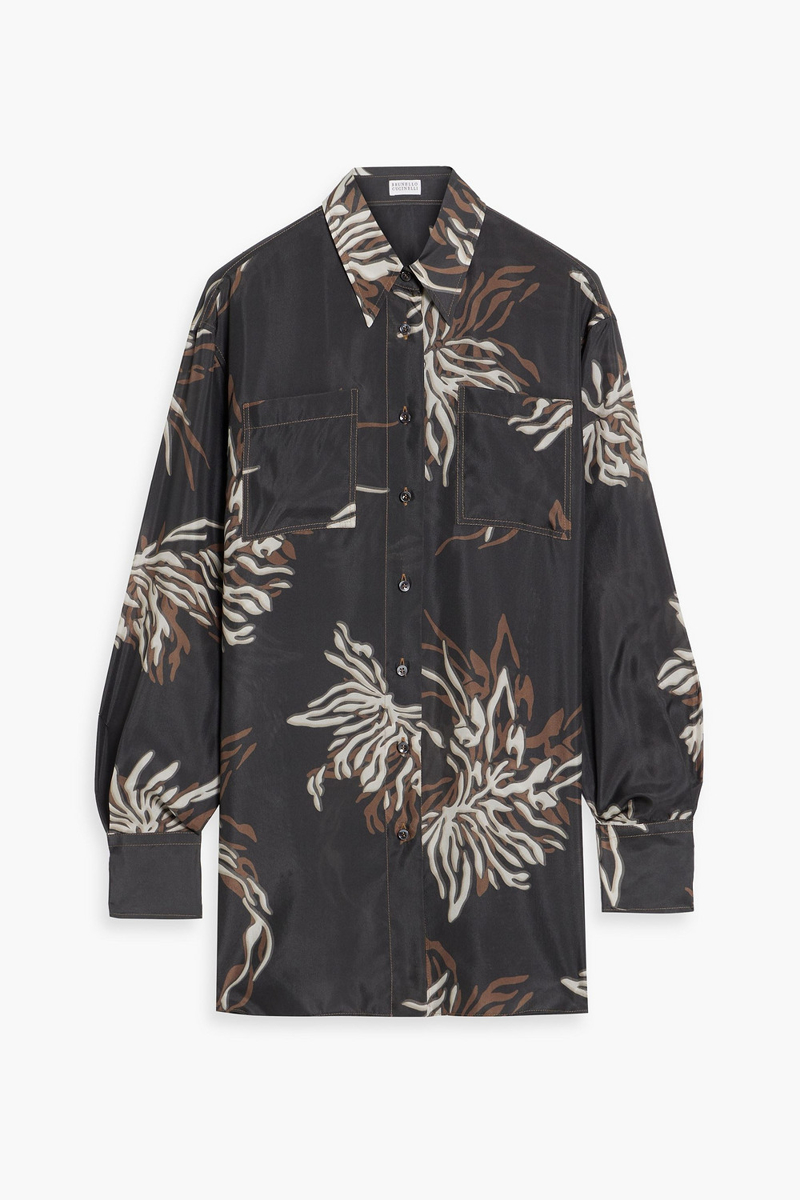 brunello cucinelli - printed silk crepe de chine shirt - gray - l