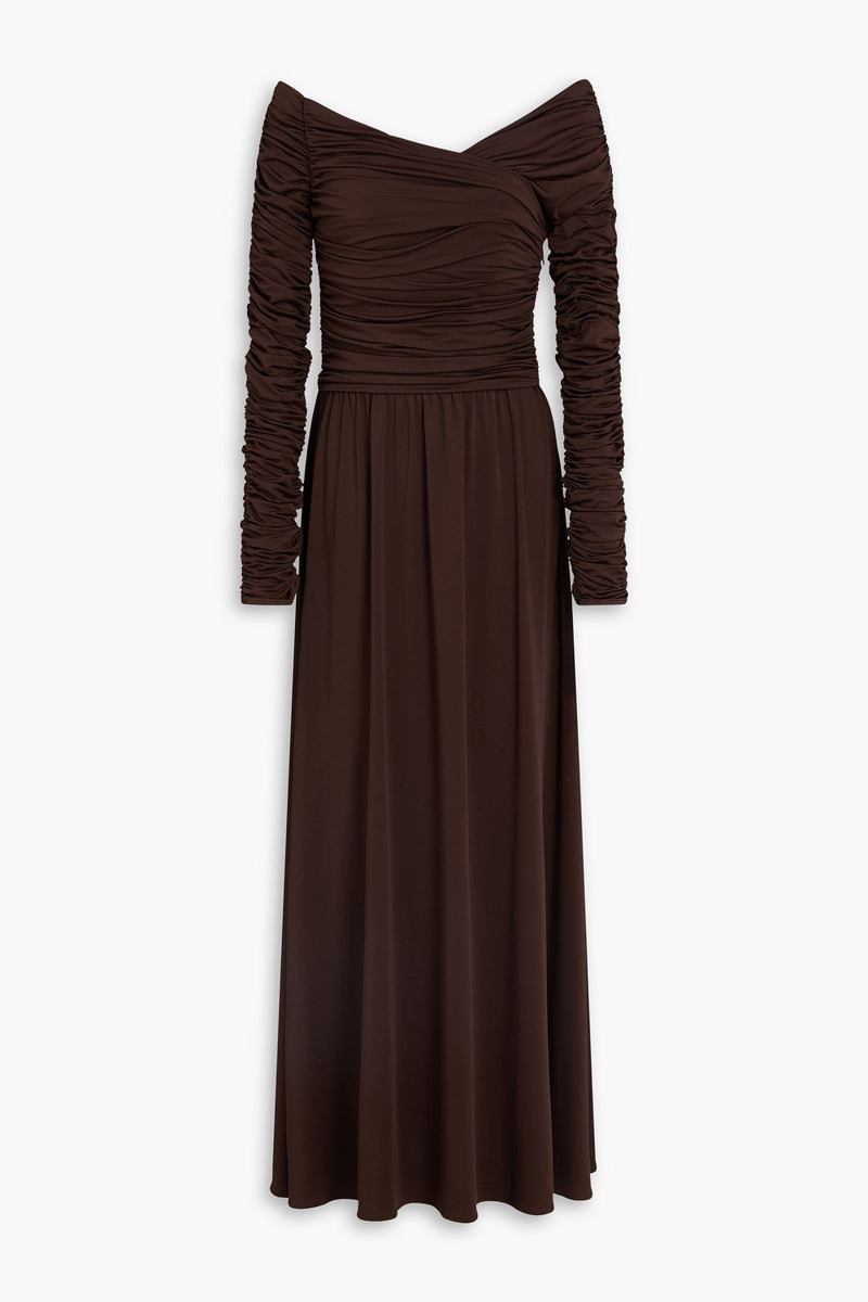 altuzarra - charlotte off-the-shoulder ruched stretch-jersey maxi dress - brown - fr 40