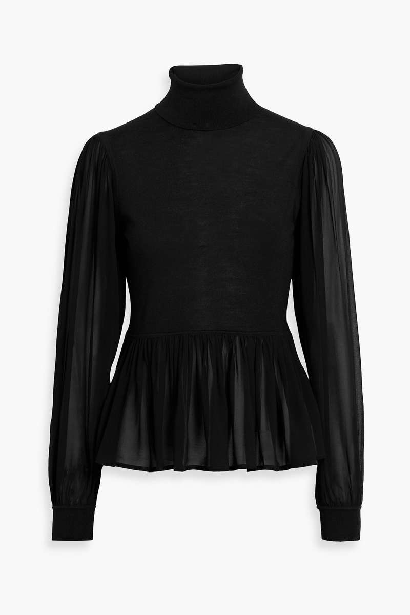 ulla johnson - liana chiffon-paneled wool and silk-blend turtleneck top - black - xs