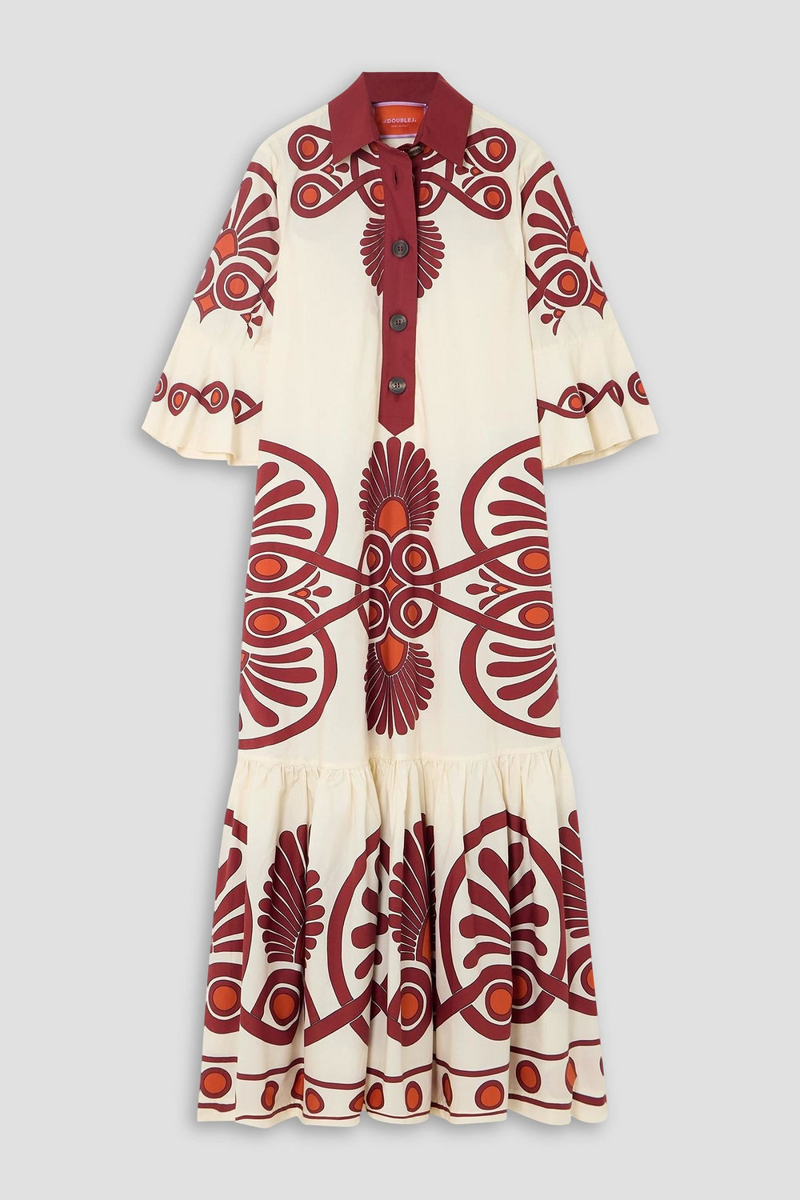 la double j. - artemis tiered gathered printed cotton maxi shirt dress - white - xxs