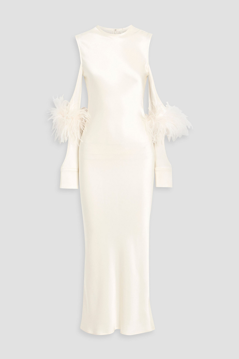 lapointe - cold-shoulder feather-trimmed satin-crepe midi dress - white - us 2