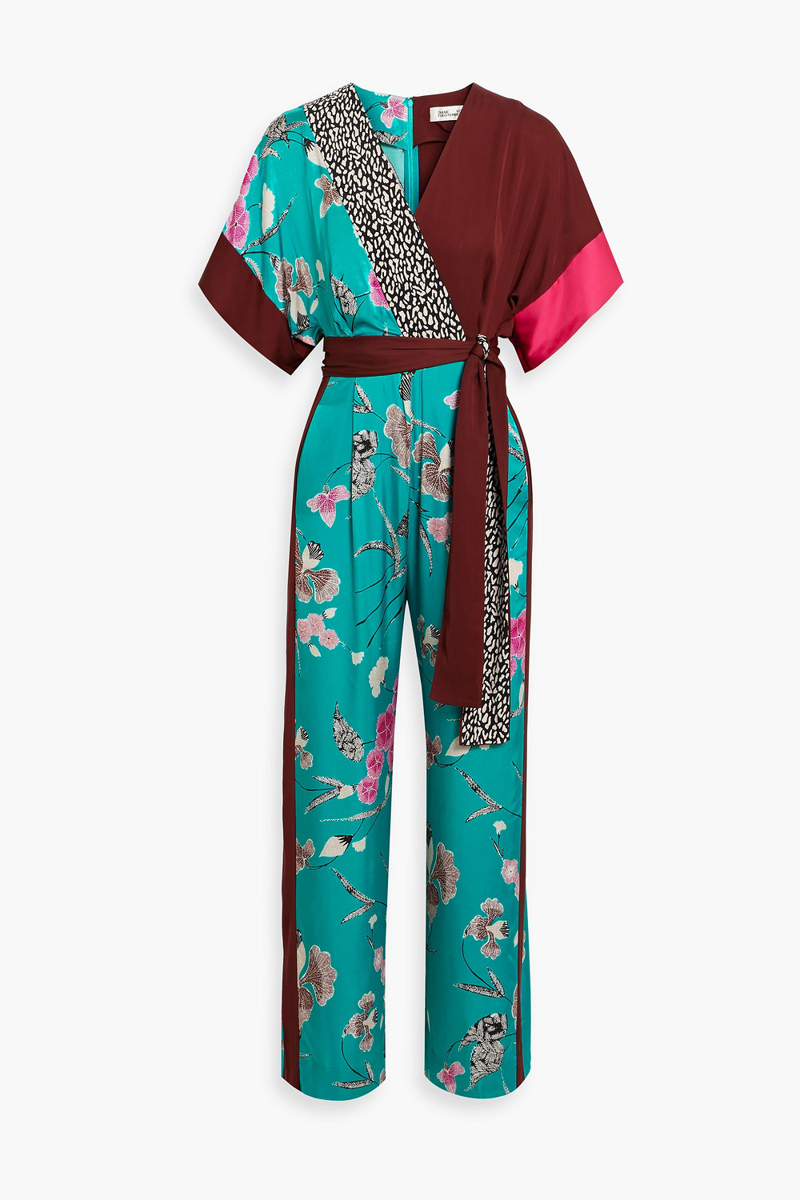 diane von furstenberg - rinna printed satin wide-leg jumpsuit - blue - xxs