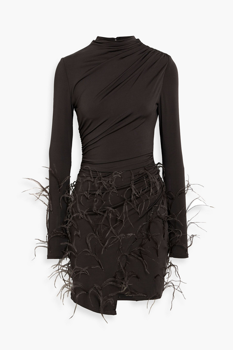 lapointe - feather-trimmed ruched stretch-jersey mini dress - brown - us 0