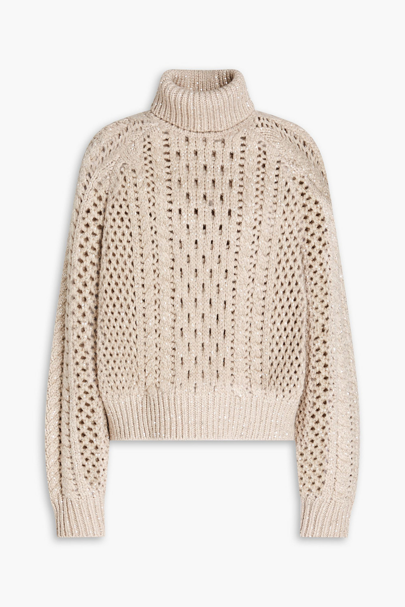 brunello cucinelli - sequin-embellished pointelle-knit cashmere-blend turtleneck sweater - neutral - xs