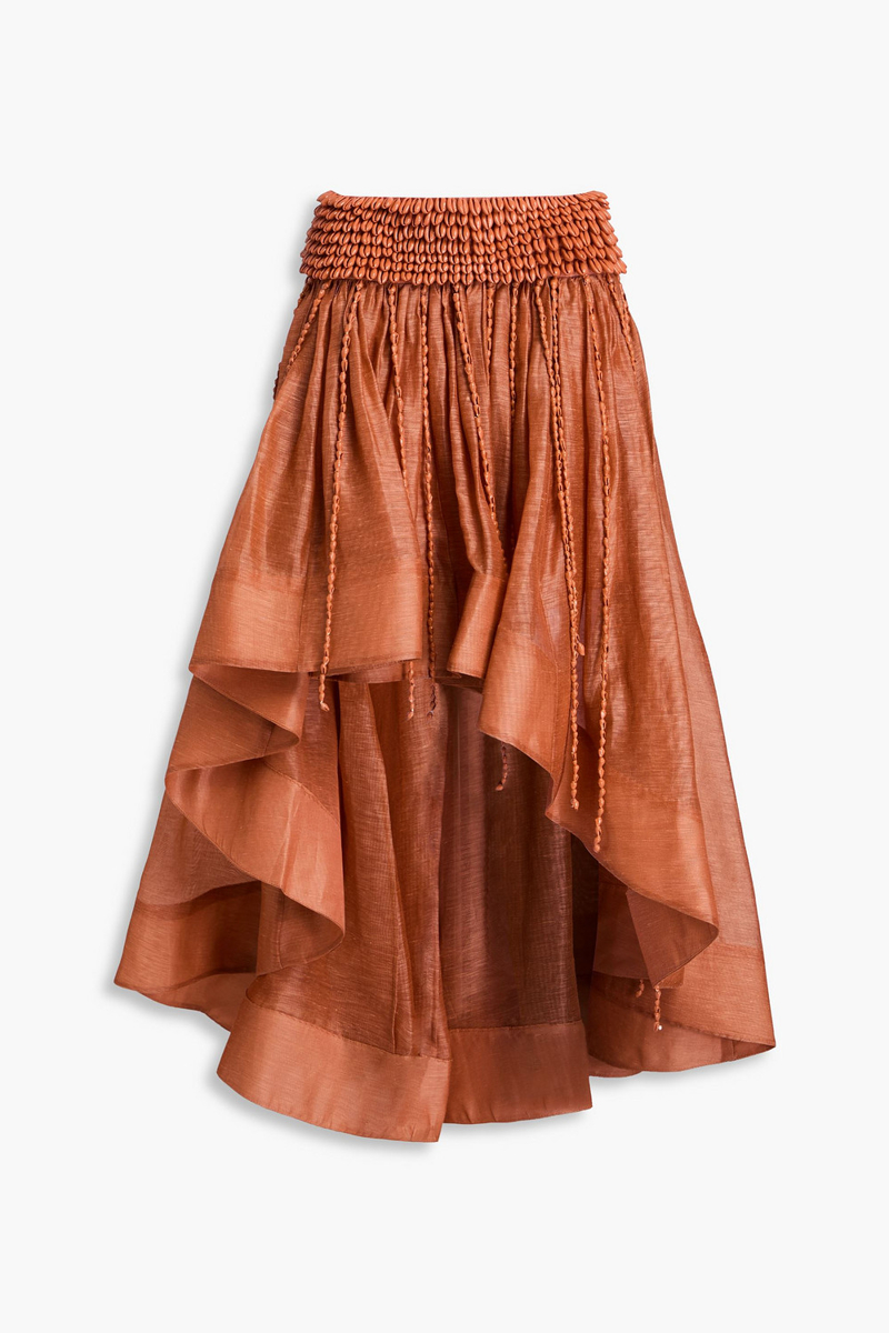zimmermann - asymmetric shell-embellished linen and silk-blend maxi skirt - brown - 00