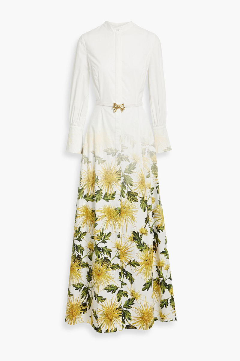 oscar de la renta - belted floral-print cotton-blend poplin maxi shirt dress - yellow - xs