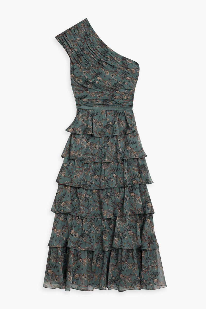 mikael aghal - one-shoulder ruffled floral-print georgette midi dress - green - us 4