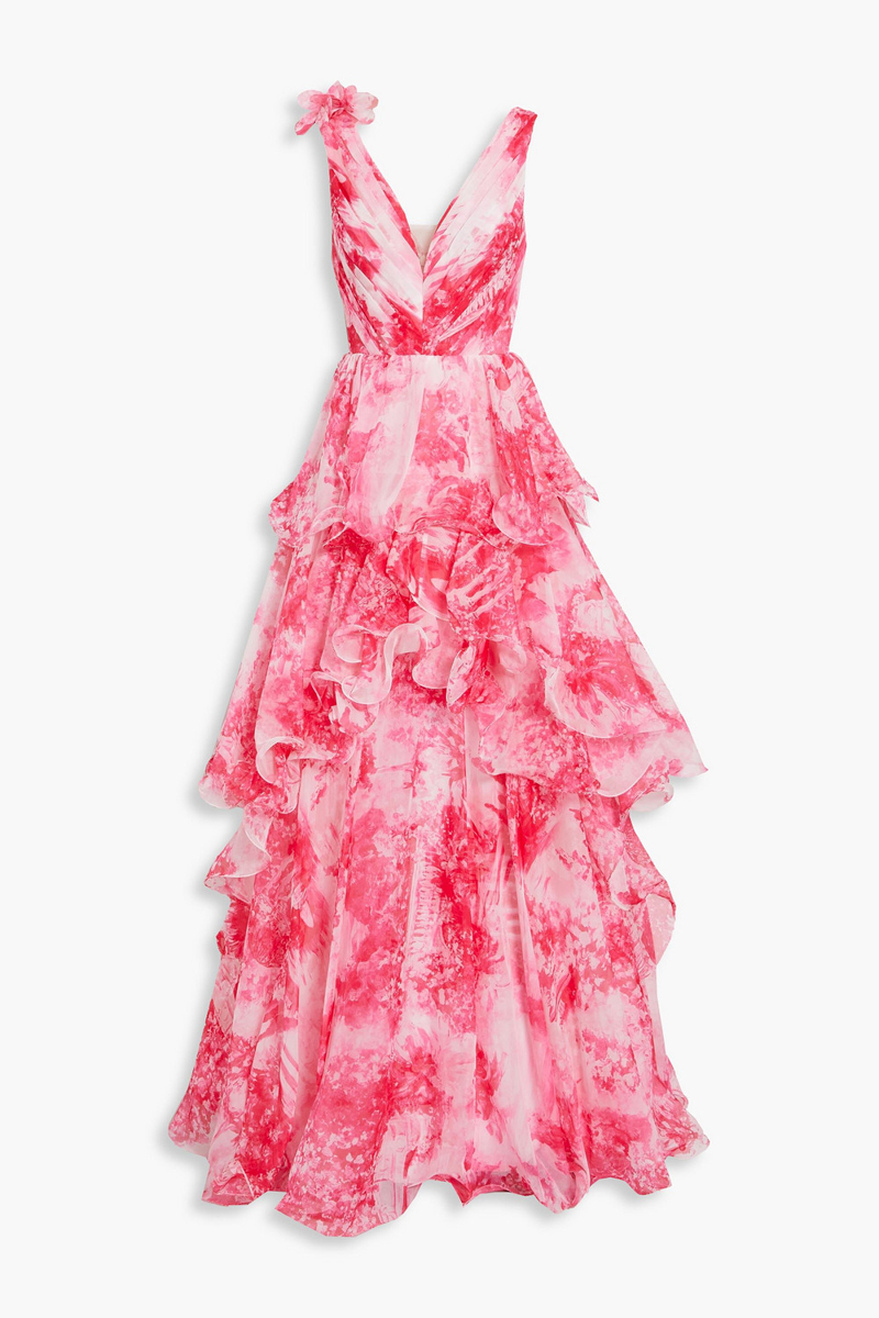 Marchesa Notte - Tiered printed chiffon gown - Pink - US 10