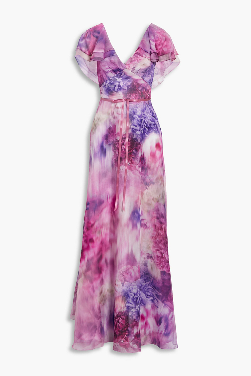 Marchesa Notte - Ruffled bow-embellished floral-print chiffon gown - Purple - US 4