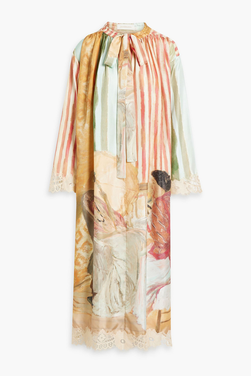 zimmermann - corded lace-paneled printed silk-twill midi dress - multicolor - 0