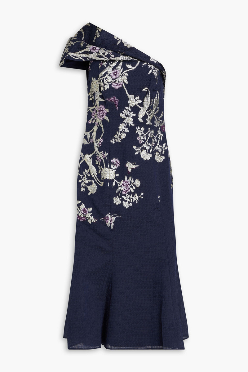 Marchesa Notte - One-shoulder metallic cloqué-jacquard midi dress - Blue - US 8