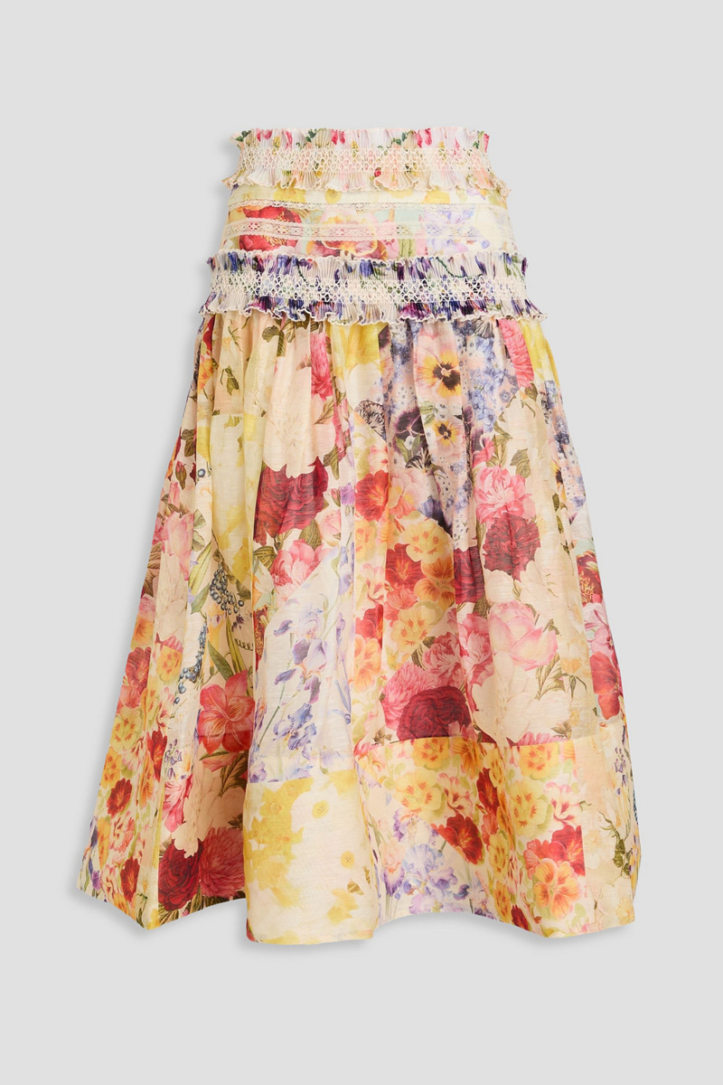zimmermann - ruffled floral-print linen and silk-blend gauze midi skirt - yellow - 00
