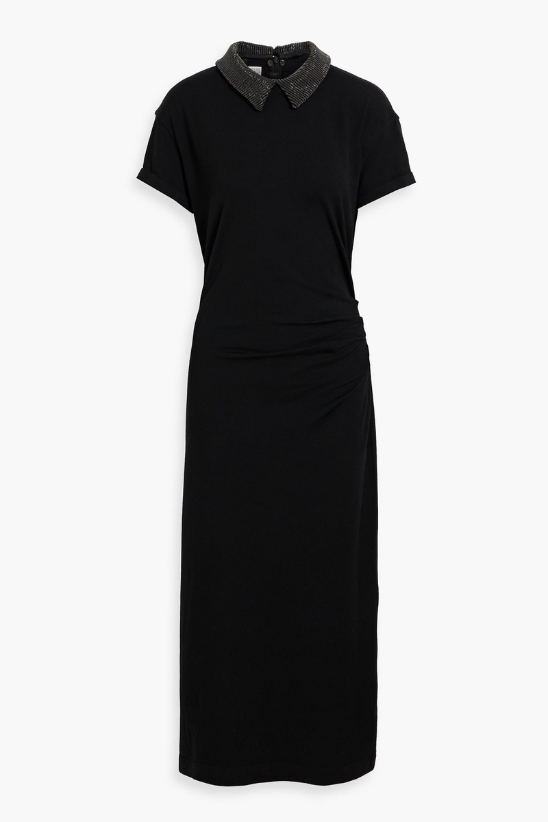 brunello cucinelli - bead-embellished draped wool-blend jersey midi dress - black - l