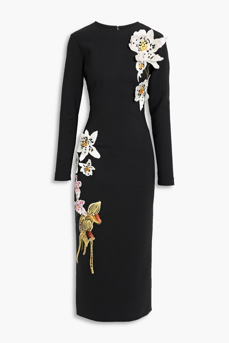 oscar de la renta - floral-appliquéd wool-blend crepe midi dress - black - us 2