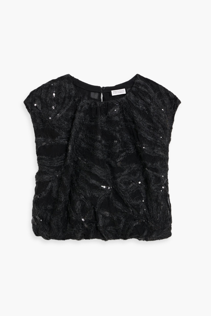 brunello cucinelli - brushed sequin-embellished silk-organza top - black - m