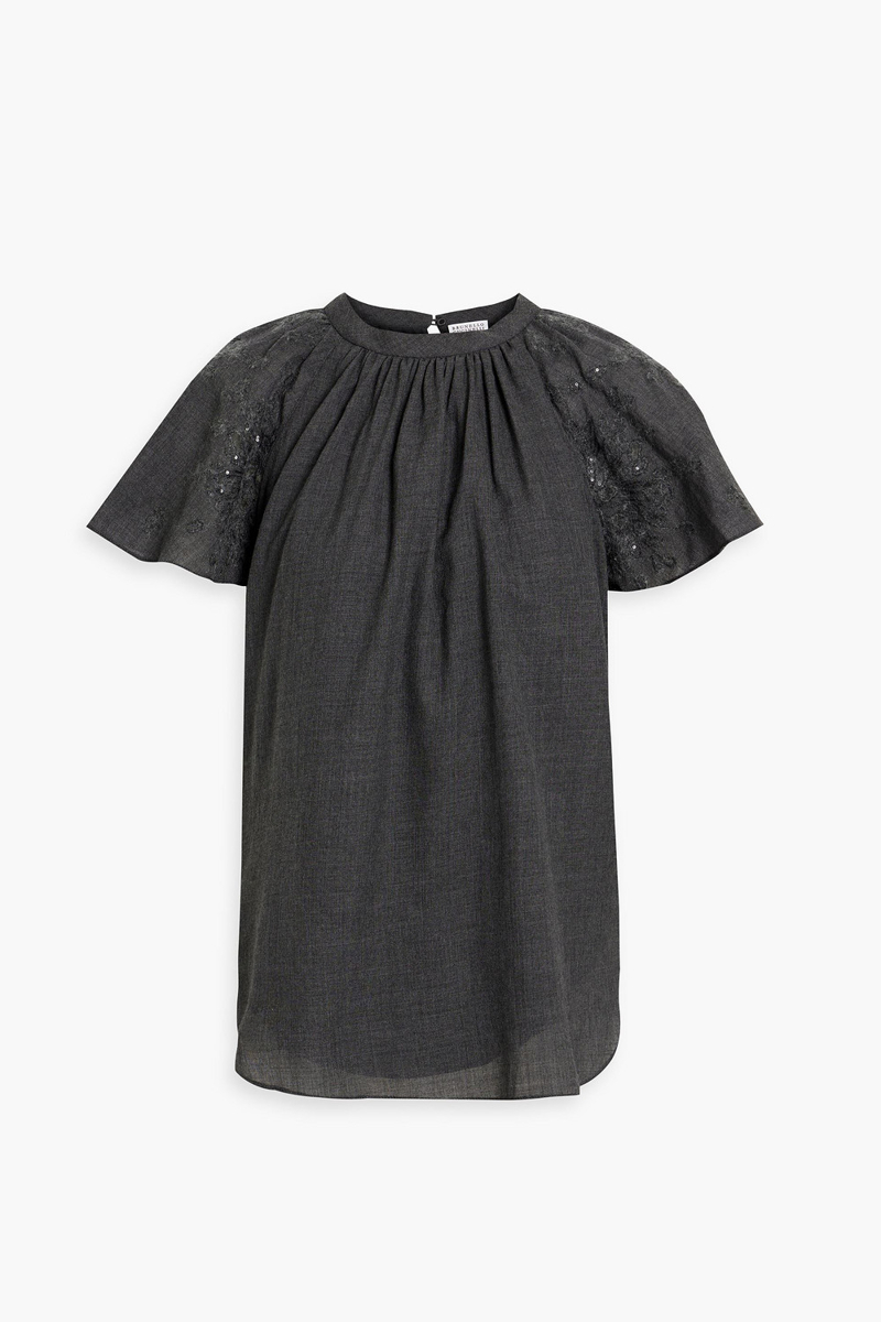 Brunello Cucinelli - Sequin-embellished broderie anglaise-trimmed wool top - Gray - S