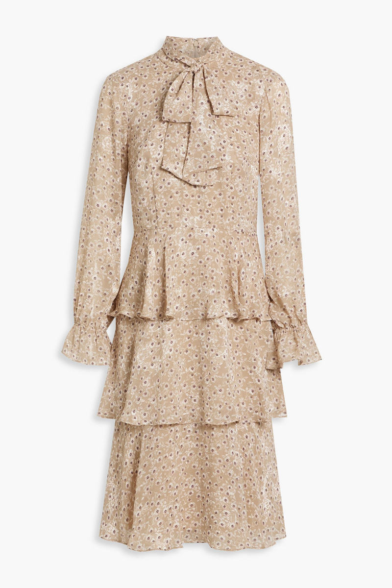 Mikael Aghal - Pussy-bow tiered floral-print fil coupé dress - Neutral - US 6