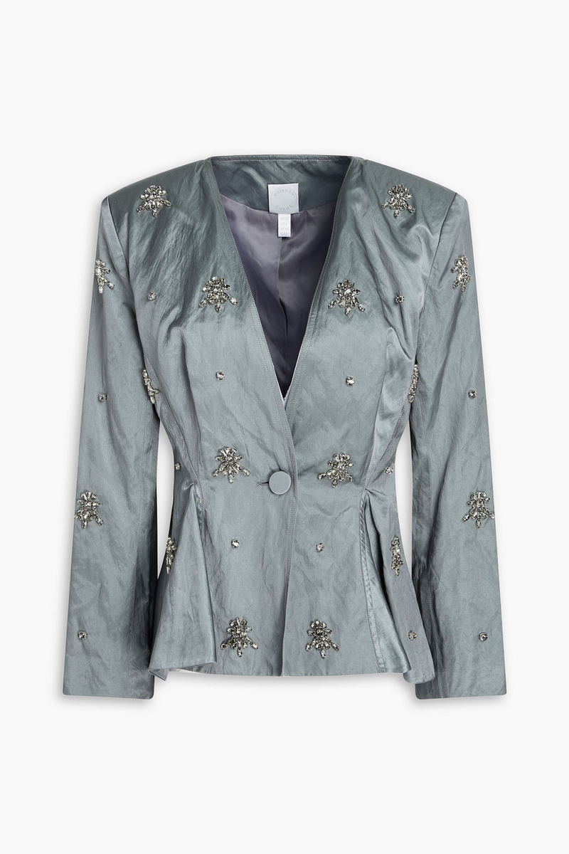 huishan zhang - crystal-embellished crinkled-satin peplum jacket - gray - uk 8