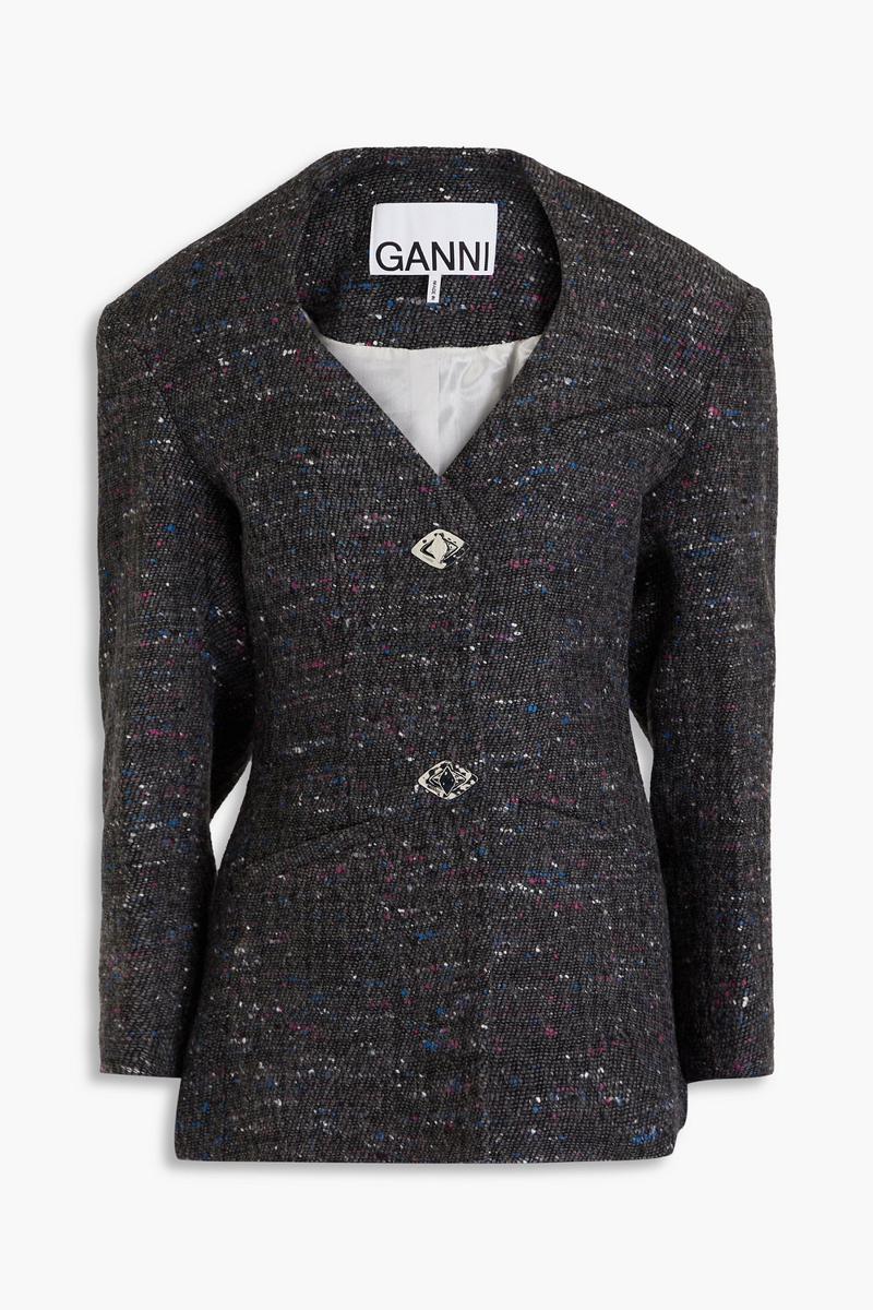 ganni - donegal wool-blend bouclé-tweed jacket - gray - de 32