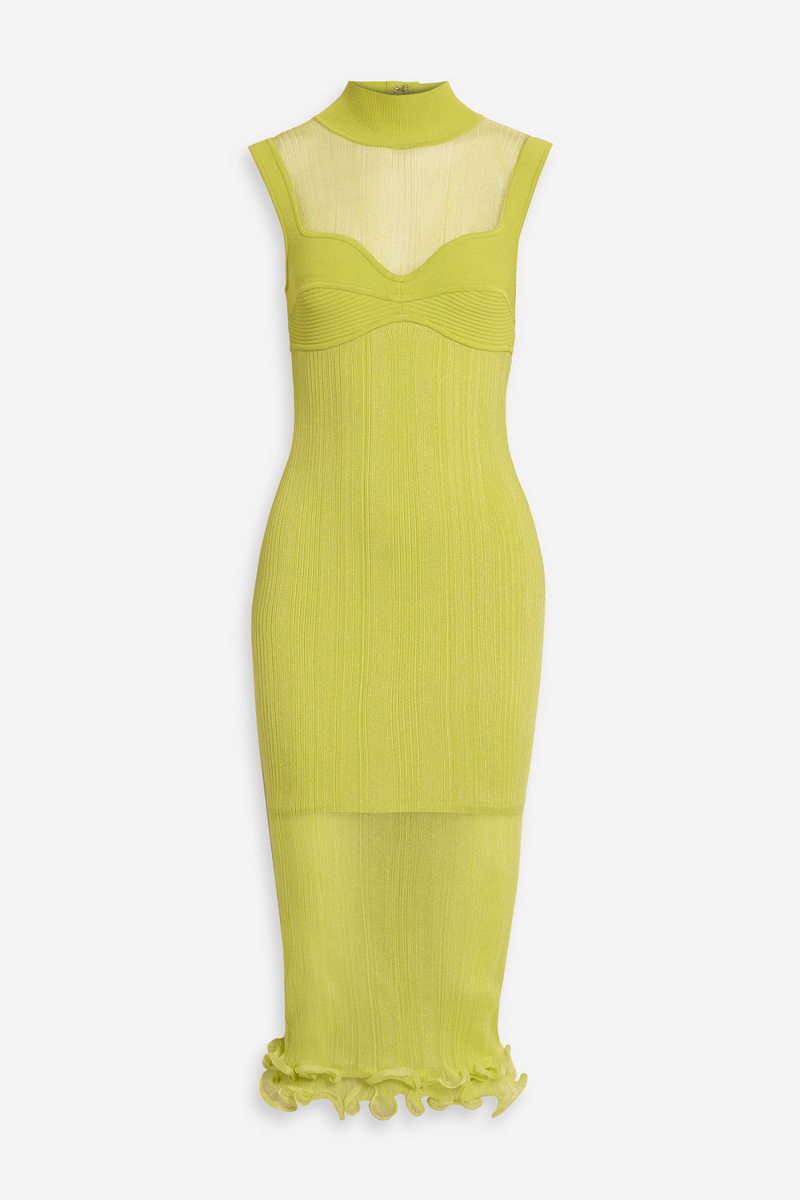 Hervé Léger - Layered ribbed tulle and stretch-knit midi dress - Yellow - XXS