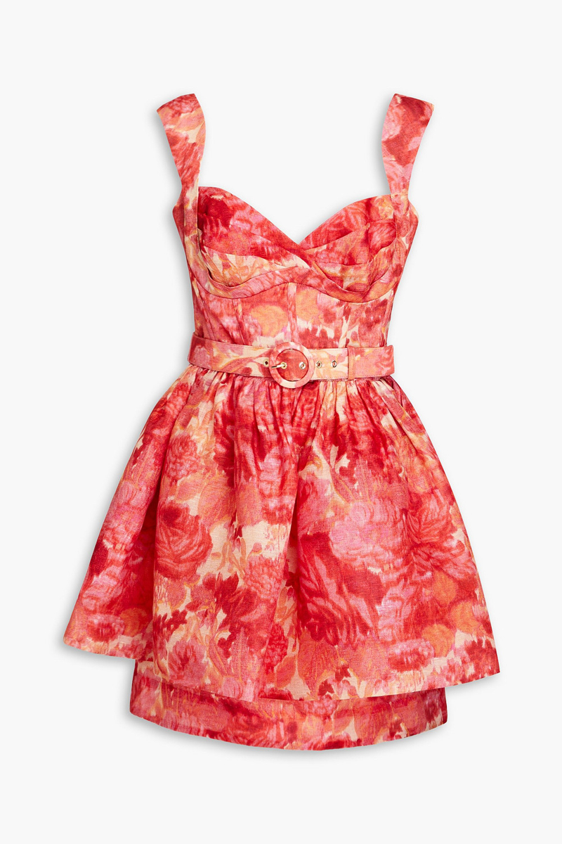 Zimmermann - Belted floral-print linen and silk-blend peplum mini dress - Red - 4