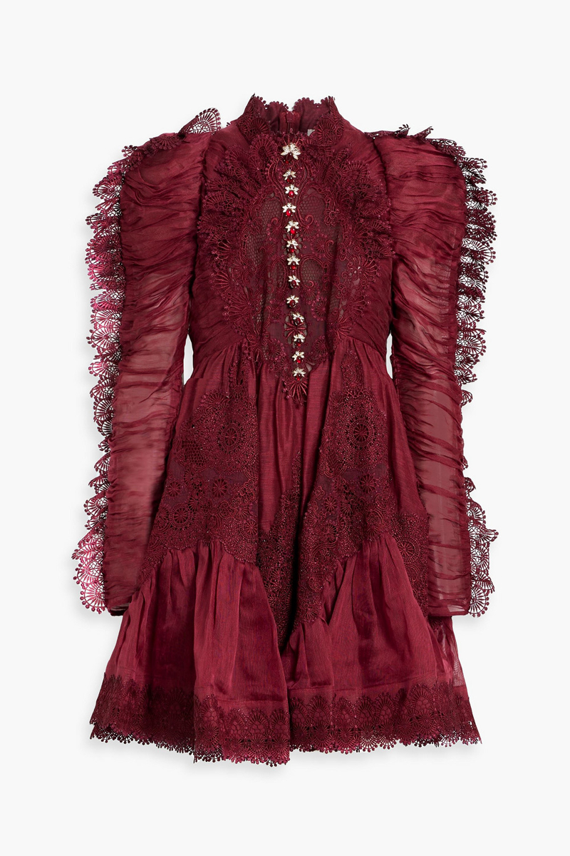 Zimmermann - Guipure lace-trimmed linen and silk-blend mini dress - Burgundy - 0