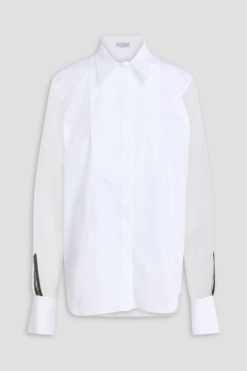 brunello cucinelli - bead-embellished organza and cotton-blend poplin shirt - white - xs