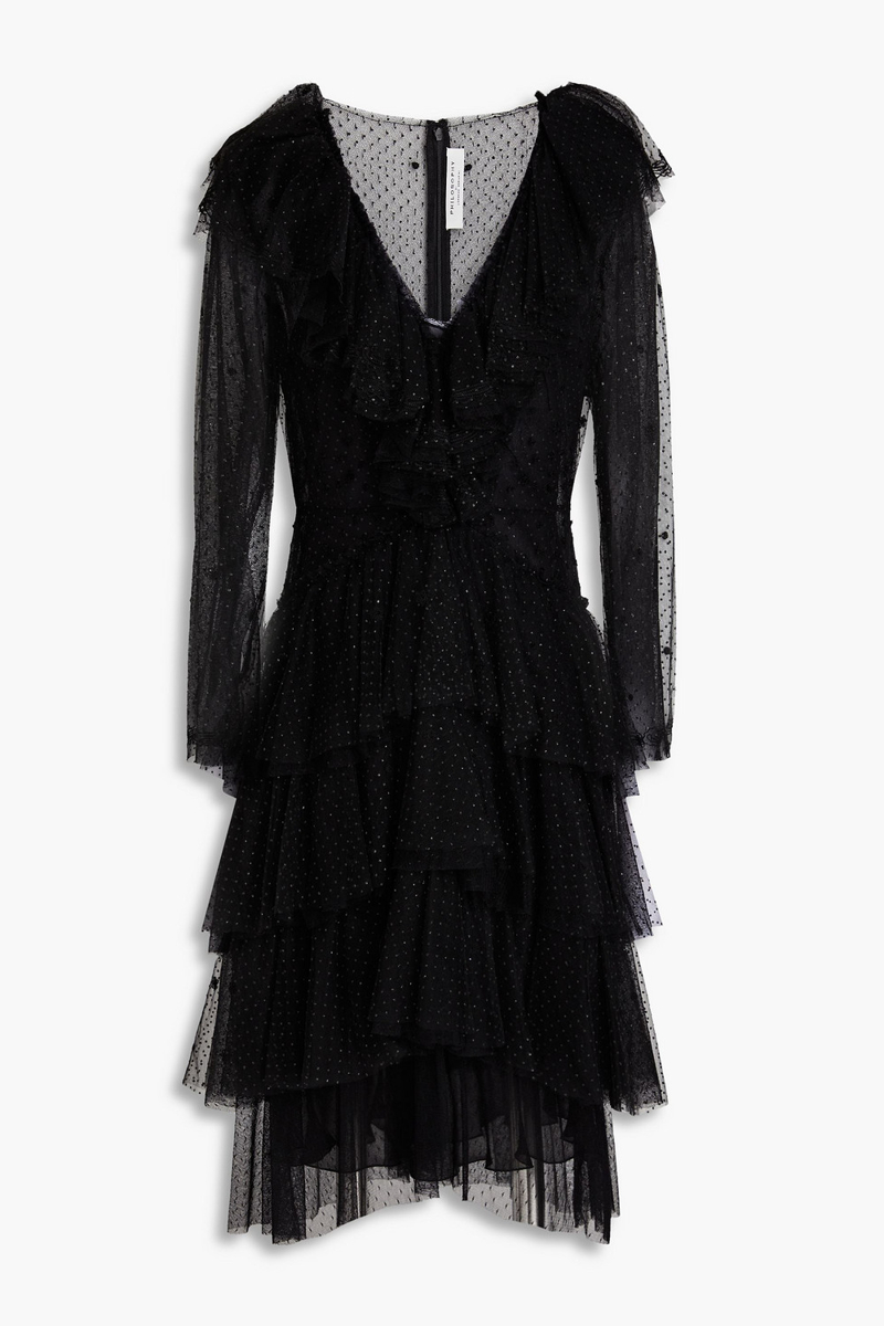 Philosophy di Lorenzo Serafini - Ruffled glittered point d'esprit dress - Black - IT 42